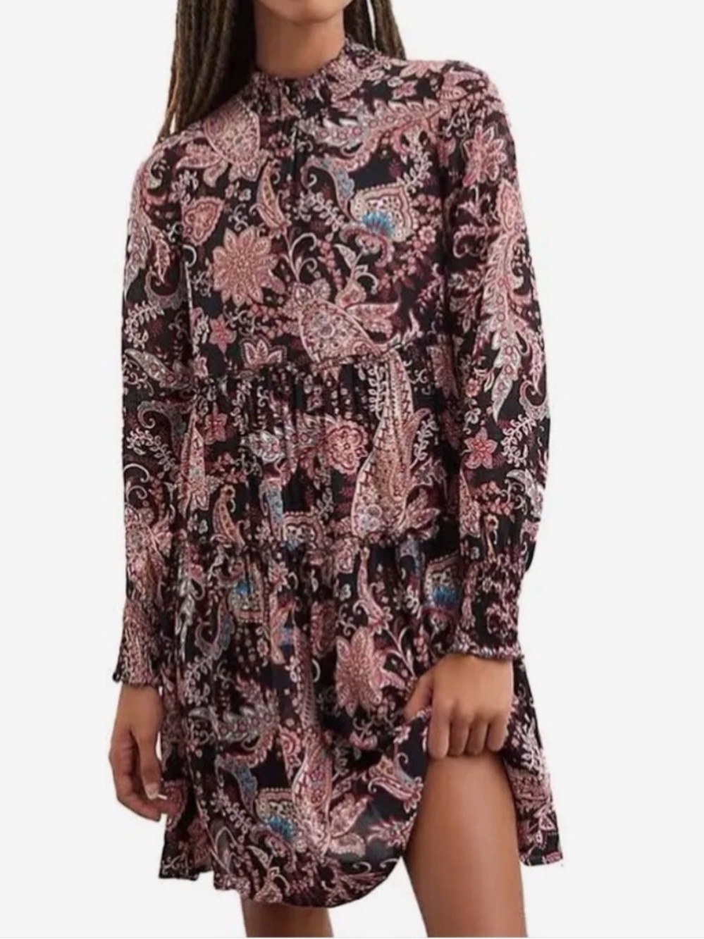 Anthropologie Cady Tiered Mini Dress size Medium Black Paisley Boho High‎ Neck